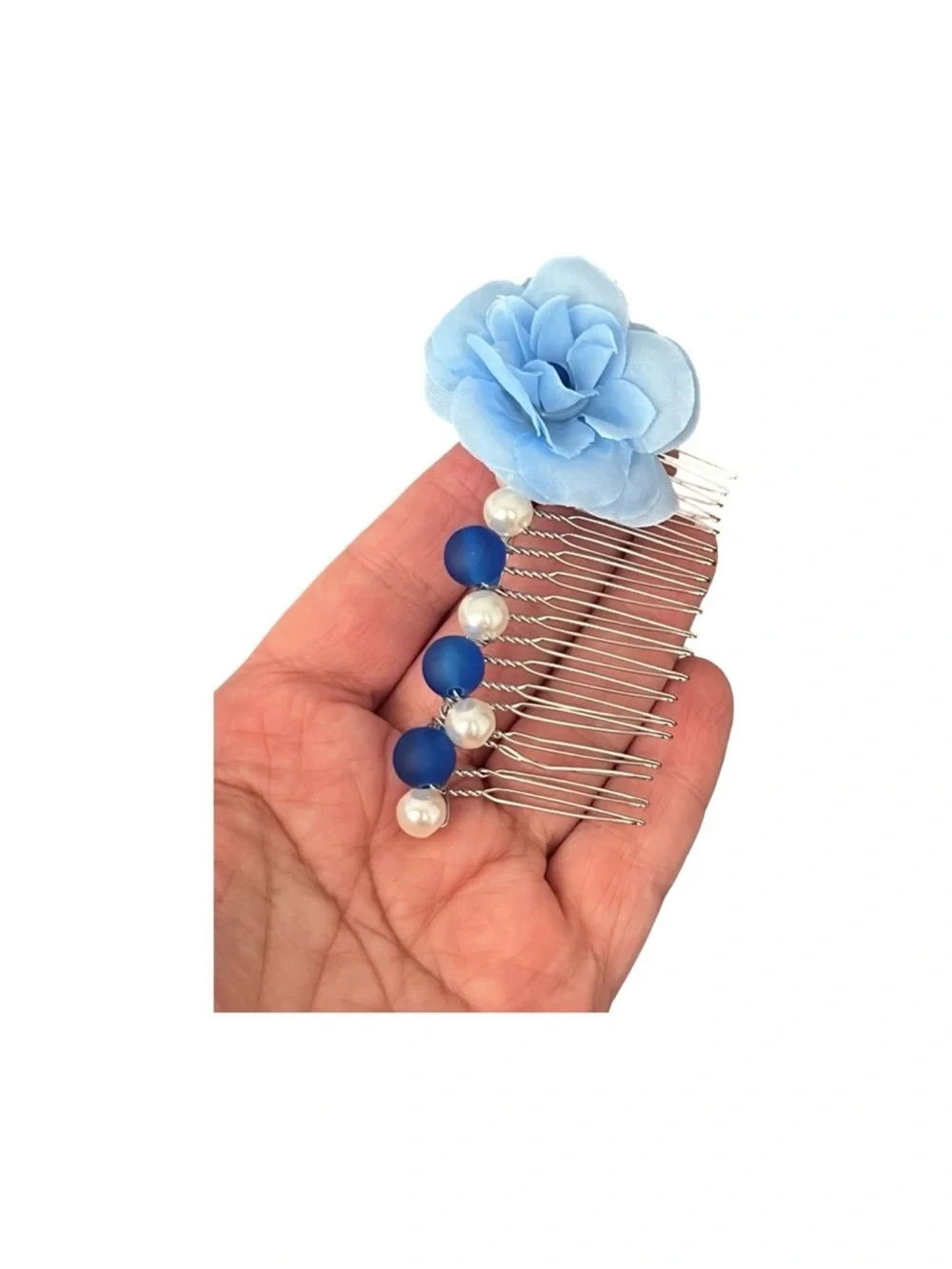 Elegant Blue Floral White Beaded Hair Comb 3.0”FINAL PRICE DROP